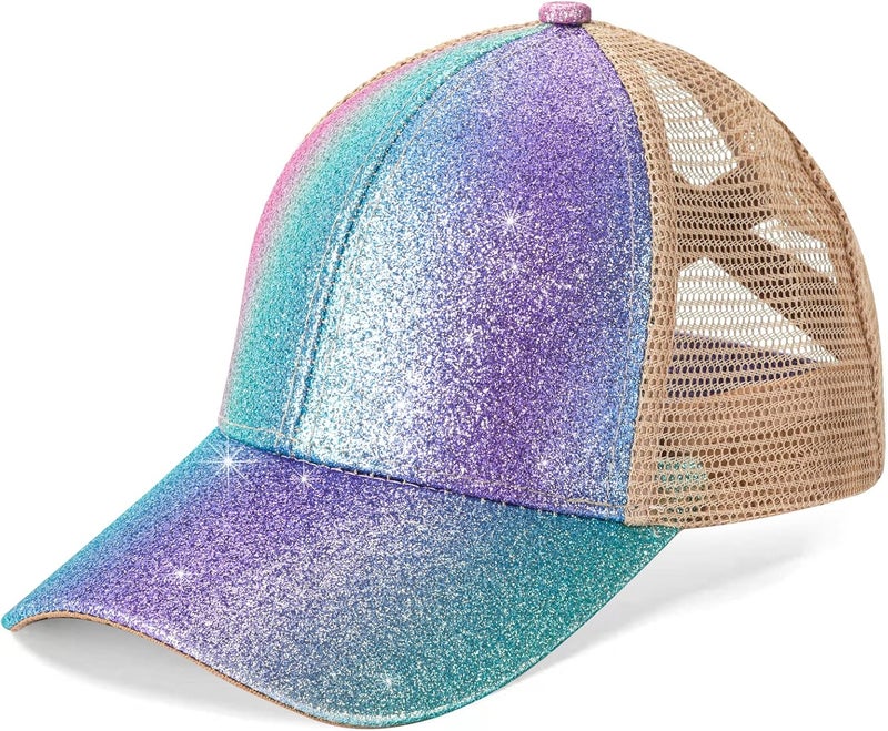 BROMZ Girls Glitter Baseball Cap Kids Ponytail Hat Adjustable Summer Mesh Trucker Hats for 4-12 Years - Image 5